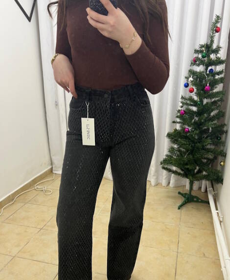 Taş Detaylı Yüksek Bel Boru Paça Koyu Mavi Jean Pantolon - 2