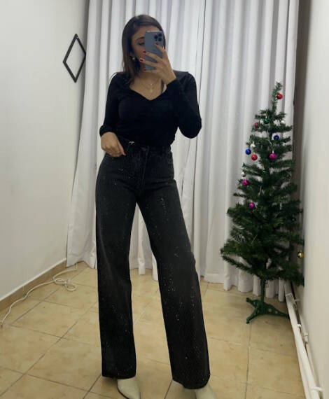 Taş Detaylı Yüksek Bel Boru Paça Koyu Mavi Jean Pantolon - 3